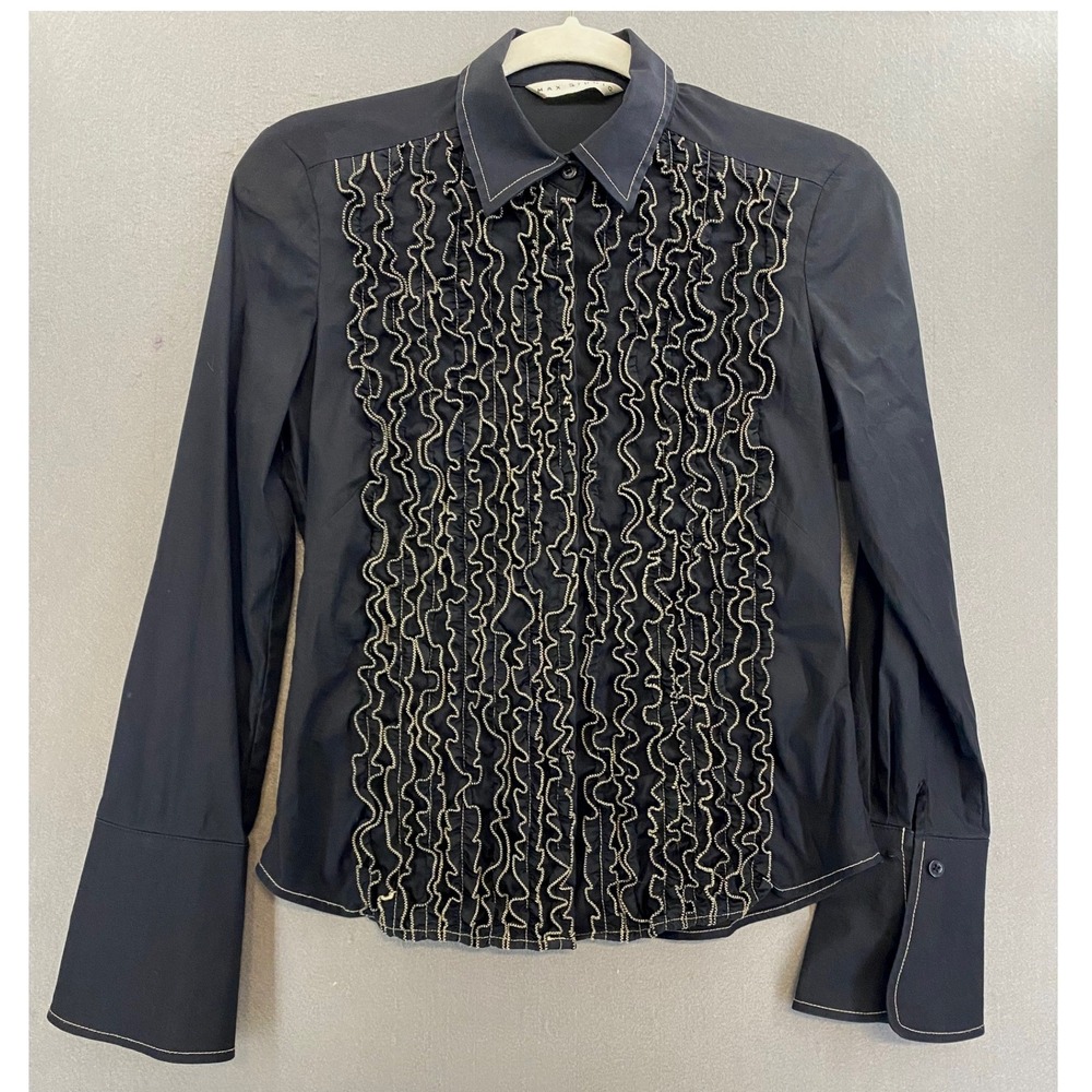 Max Studio Black Ruffle Front Button Down Shirt Contrast Whipstitch Cuffs M